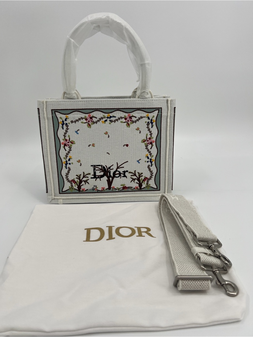 Small Canvas White Embroidered Book Tote Bag with Strap